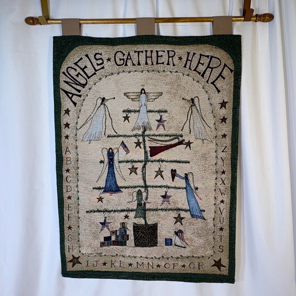 Cindy Shamp Tapestry Wall Hanging & Dowel 26x36 Angels Gather Here Folk Art